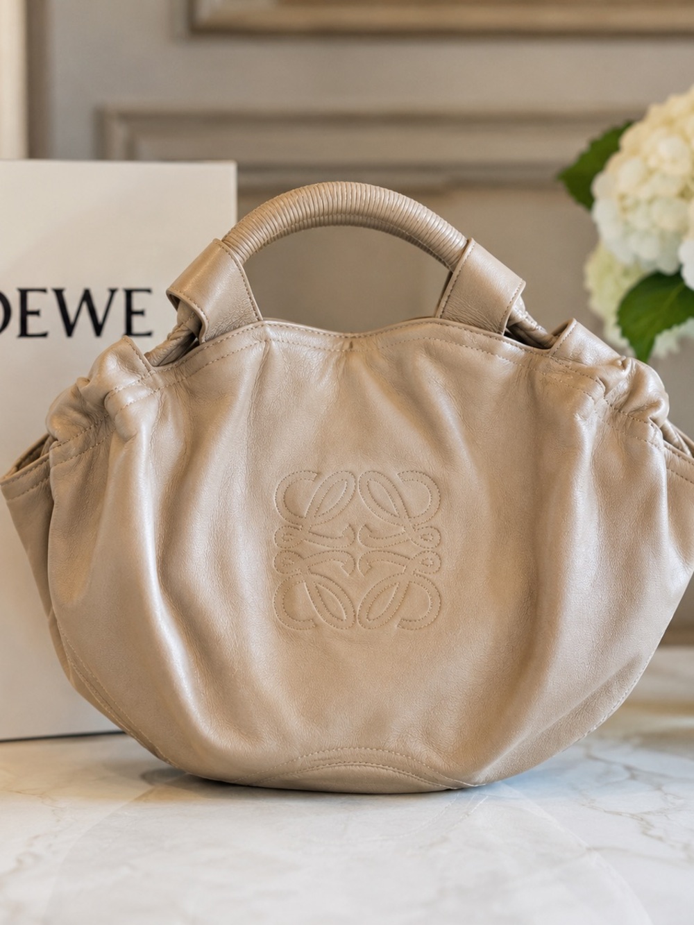 Loewe Taupe Leather Shoulder Bag with Embossed Anagram - Picture 1 of 12